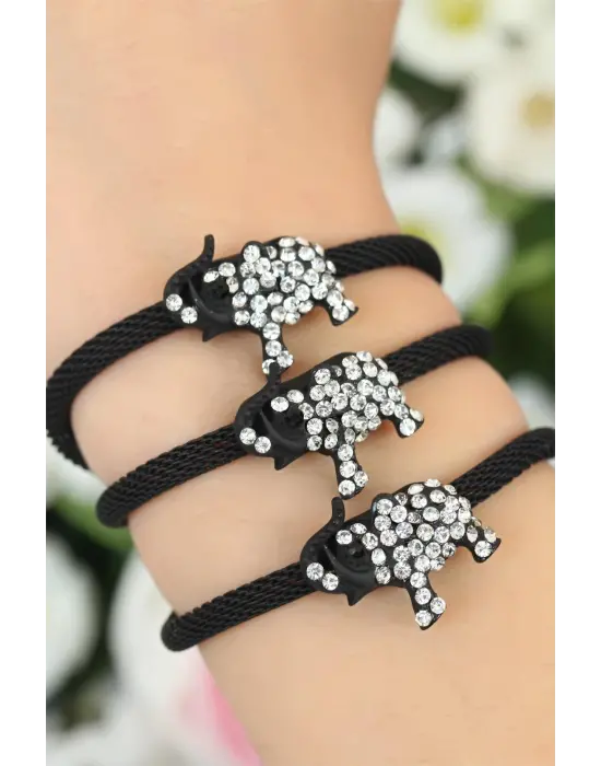 Siyah  Zirkon Taşlı Fil Aksesuarlı Metal Bayan Bileklik