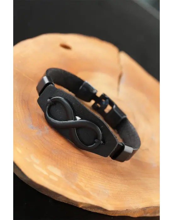 Sonsuzluklu Metal Aksesuarlı Siyah Deri Erkek Bileklik