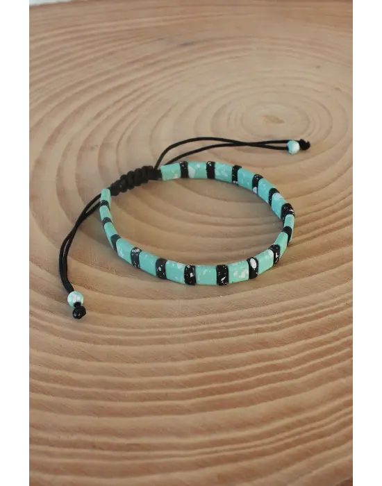 Su Yeşili Siyah Makrome Doğal Taş Erkek Bileklik