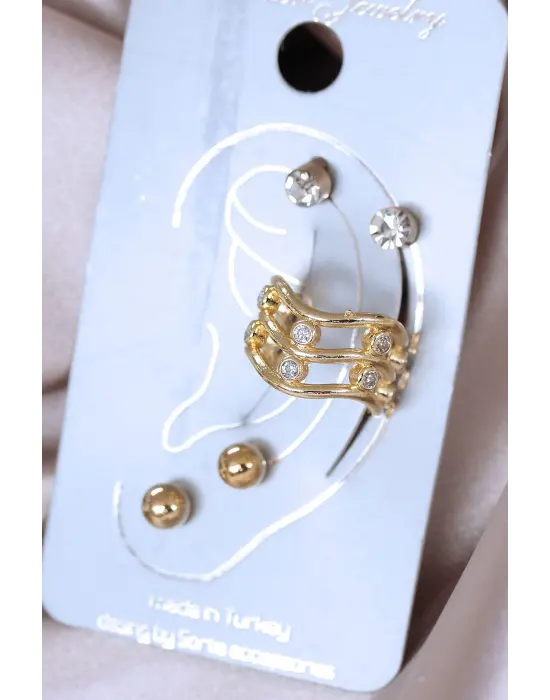 Su Yolu Model Zirkon Taşlı Metal Kıkırdak Küpe Seti