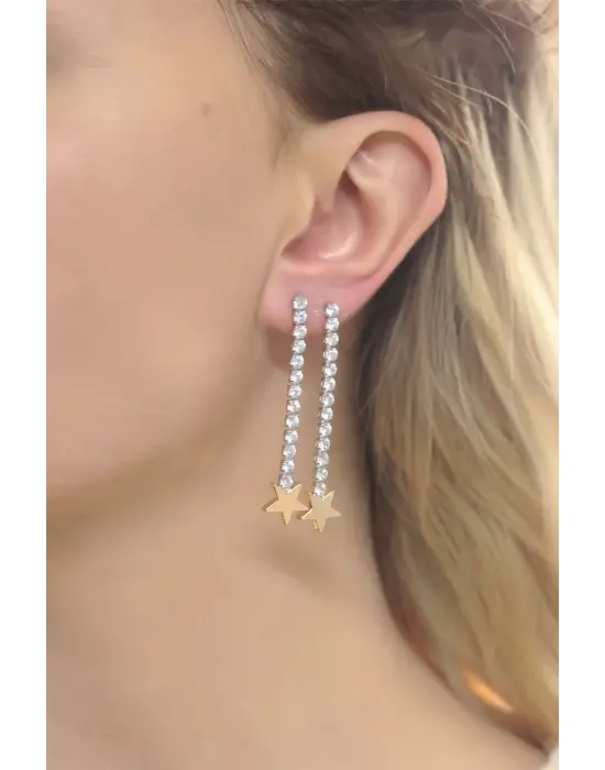 Su Yolu Tasarımlı Gold Minimal Yıldız Detaylı Çift Küpe