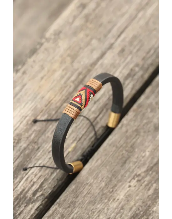 Sütlü Kahverengi İpli Etnik Desenli Kadın Deri Bileklik