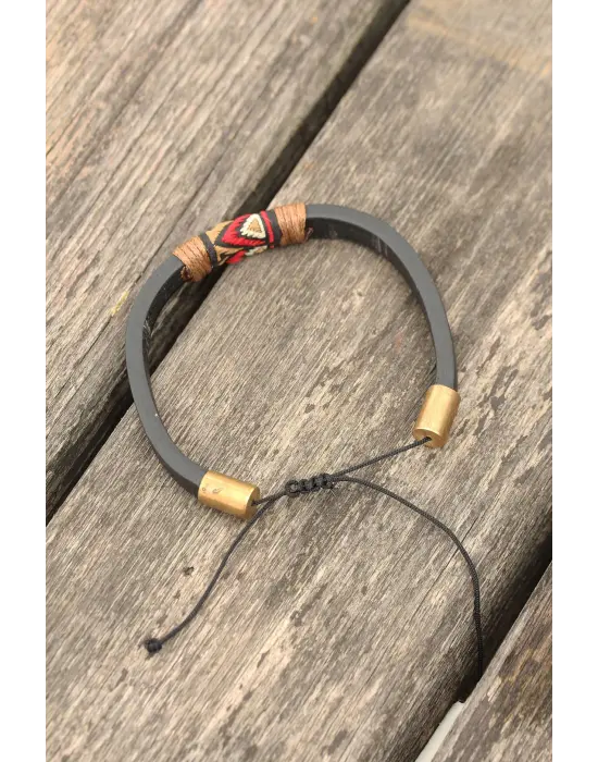 Sütlü Kahverengi İpli Etnik Desenli Kadın Deri Bileklik