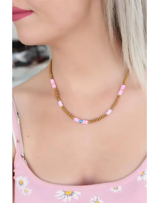 Taba Rengi Boncuklu Nazar Boncuğu Detaylı Bayan Kolye