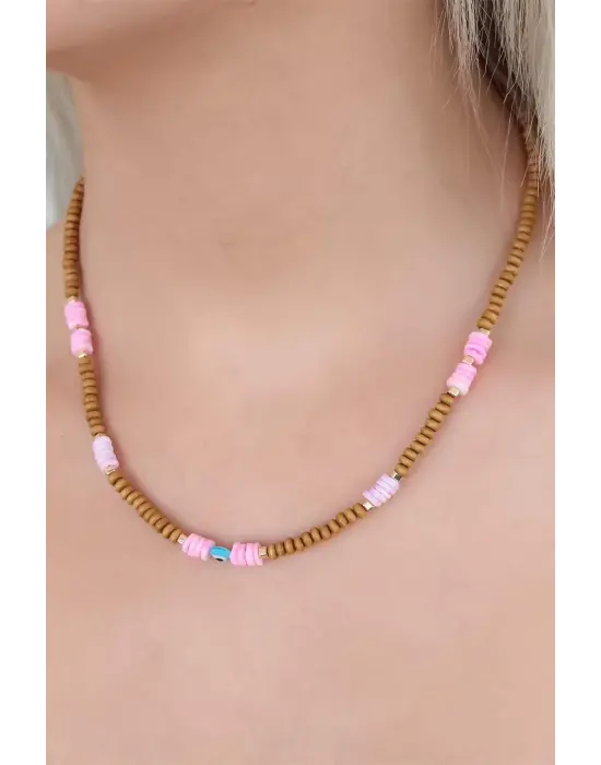 Taba Rengi Boncuklu Nazar Boncuğu Detaylı Bayan Kolye