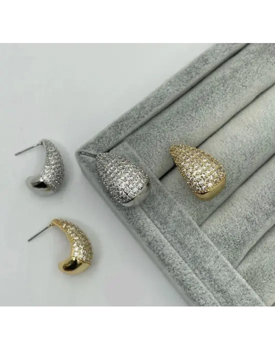 Taşlı Damla Bottega Model Küpe Altın / Gümüş