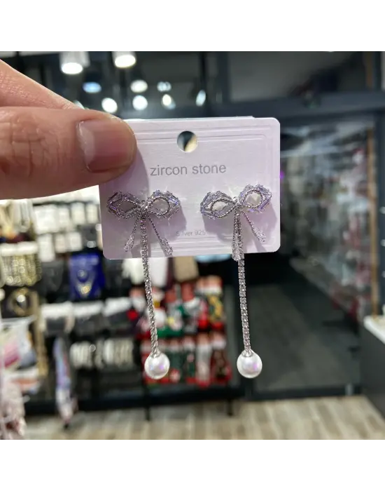 Taşlı Fiyonk Kurdele Küpe Sallantılı İncili