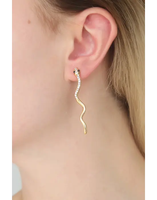 Taşlı Gold Renk Metal Yılan Kadın Küpe