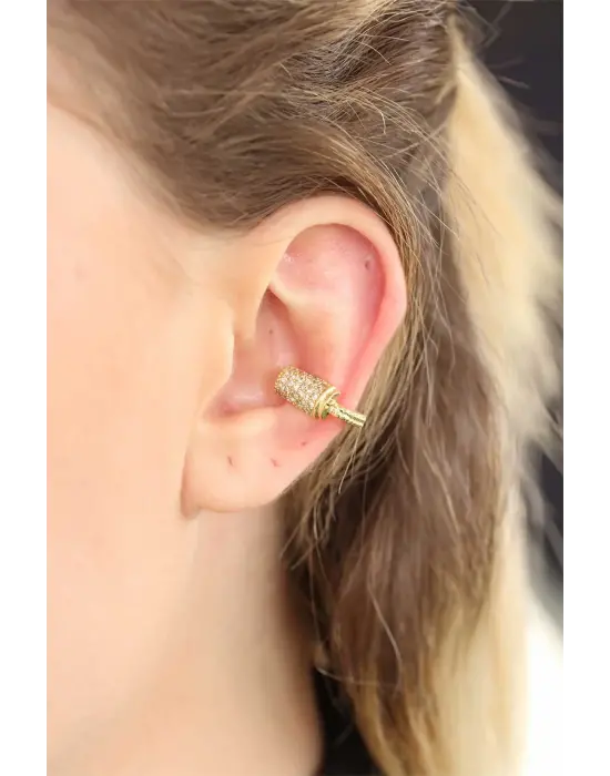 Taşlı Gold Renkli Metal Geçirmeli Kıkırdak Küpe