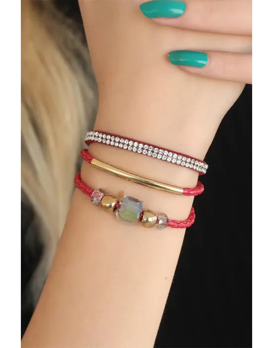 Taşlı Kırmızı Deri Bayan Bileklik