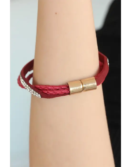 Taşlı Kırmızı Deri Bayan Bileklik