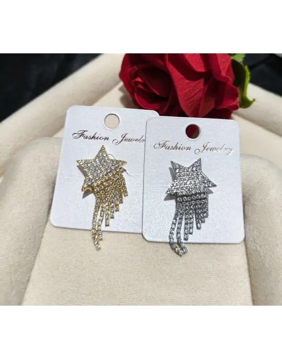 Taşlı Kuyruklu Yıldız Model Broş Gümüş ve Altın