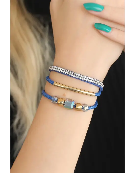 Taşlı Mavi Renk Deri Bayan Bileklik