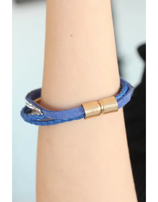 Taşlı Mavi Renk Deri Bayan Bileklik
