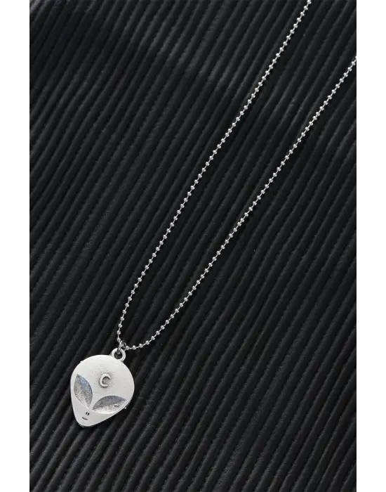 Top Zincirli Alien Tasarım Eskitme Gümüş Renk Kolye