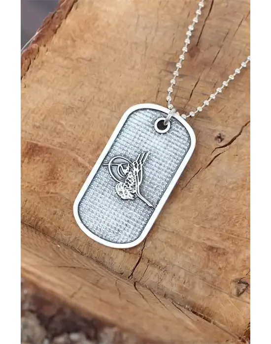 Top Zincirli Osmanlı Tuğrası Tasarım Eskitme Gümüş Renk Kolye