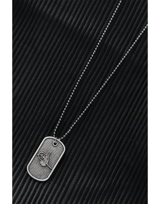 Top Zincirli Osmanlı Tuğrası Tasarım Eskitme Gümüş Renk Kolye