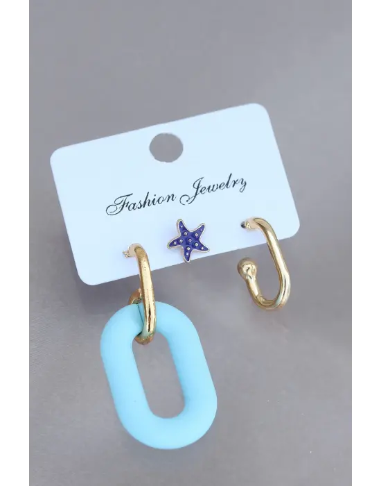 Trend Mavi Deniz Yıldızı Figürlü Küpe Seti