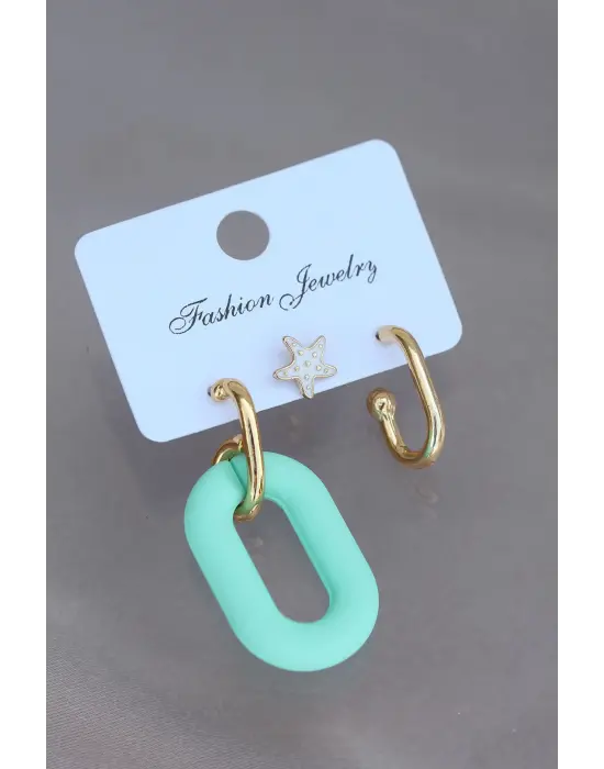 Trend Su Yeşili Renk Deniz Yıldızı Figürlü Küpe Seti