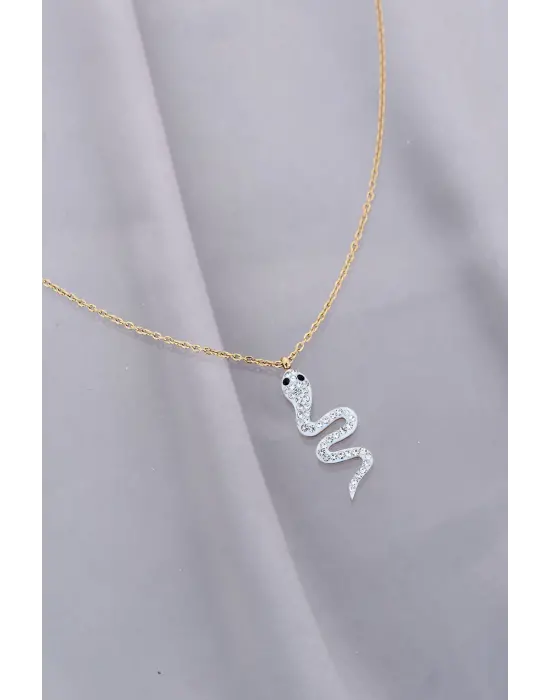 Trend Zirkon Taşlı Yılan Model Çelik Kadın Kolye
