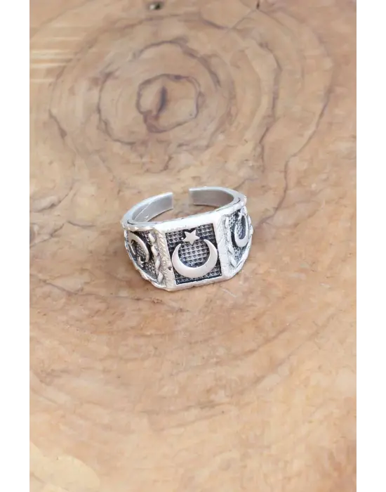 Türk Bayrağı Desenli Gümüş Renk Ayarlanabilir Erkek Yüzük