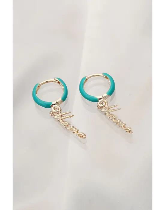 Turkuaz Mama (anne) Yazılı Çelik Küpe