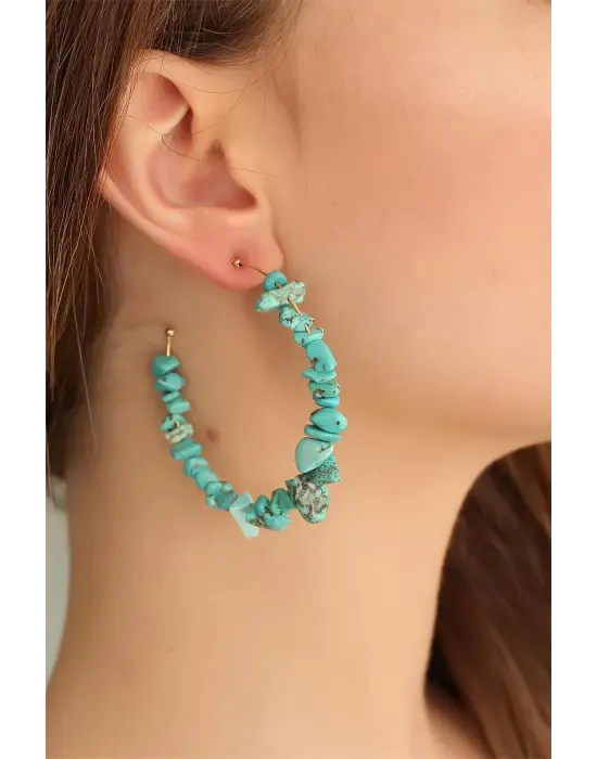 Turkuaz Renk Taşlı Yarım Halka Küpe