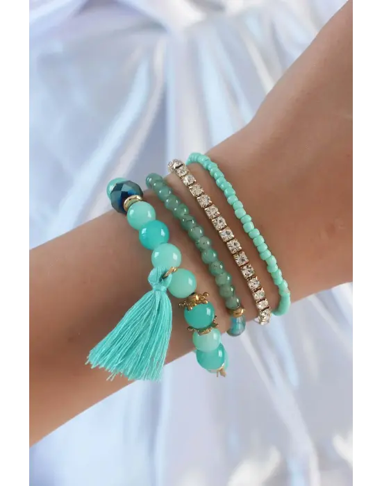 Turkuaz Renk Zirkon Taşlı Püskül Detay Boncuklu Çoklu Bileklik