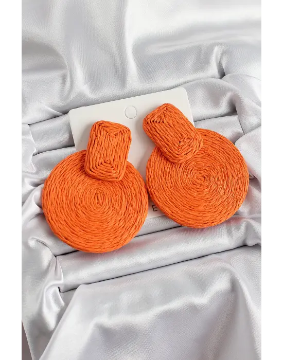 Turuncu Daire Figürlü Hasır Örgü Model Gold Renk Kadın Küpe