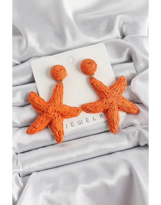 Turuncu Deniz Yıldızı Figürlü Hasır Örgü Model Gold Renk Kadın Küpe