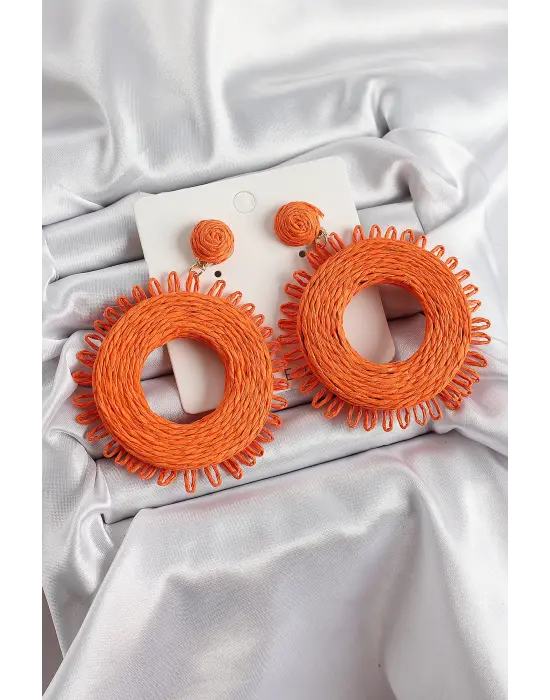 Turuncu Püsküllü Halka Figürlü Hasır Örgü Model Gold Renk Kadın Küpe