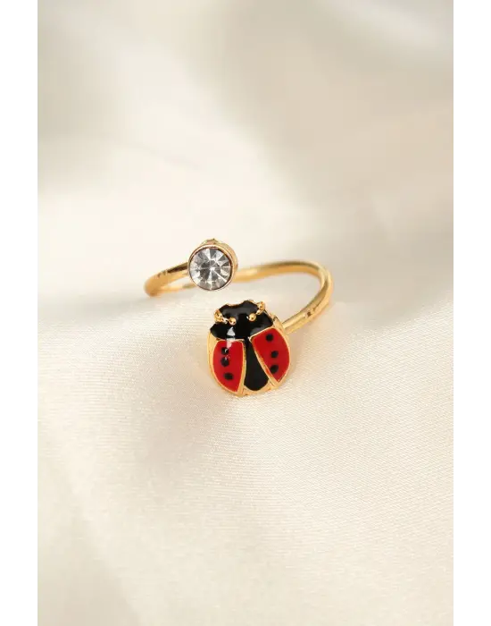 Uğur Böceği Tasarımlı Zirkon Taşlı Ayarlanabilir Yüzük