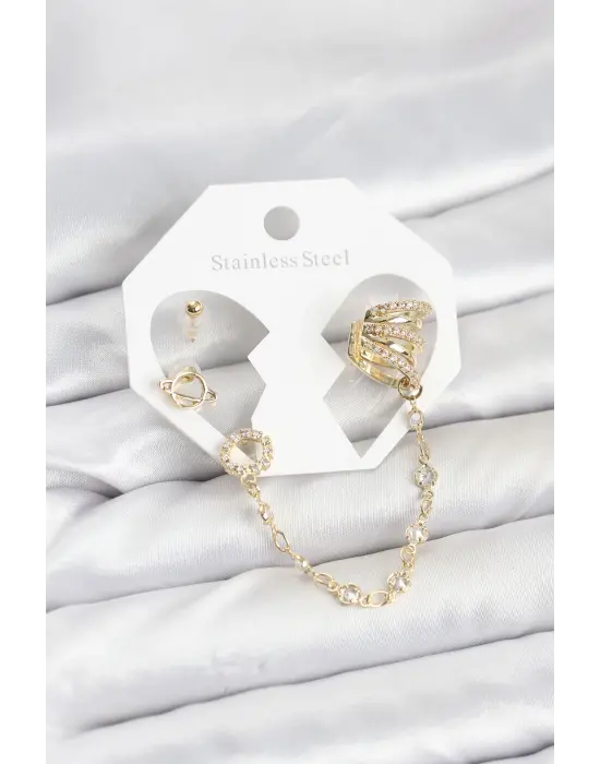 Uzay Model Çelik Gold Renk Zincir Bağlantılı Ear Cuff Küpe Seti
