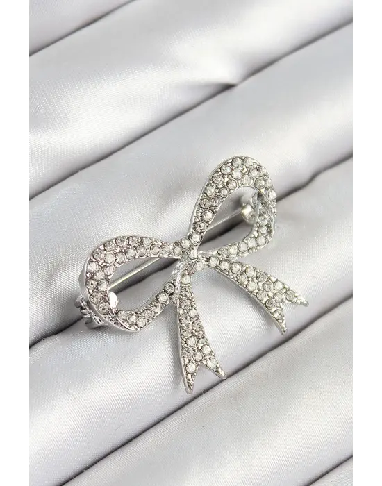 Üzeri Zirkon Taşlı Fiyonk Figürlü Gümüş Renk Kadın Broş