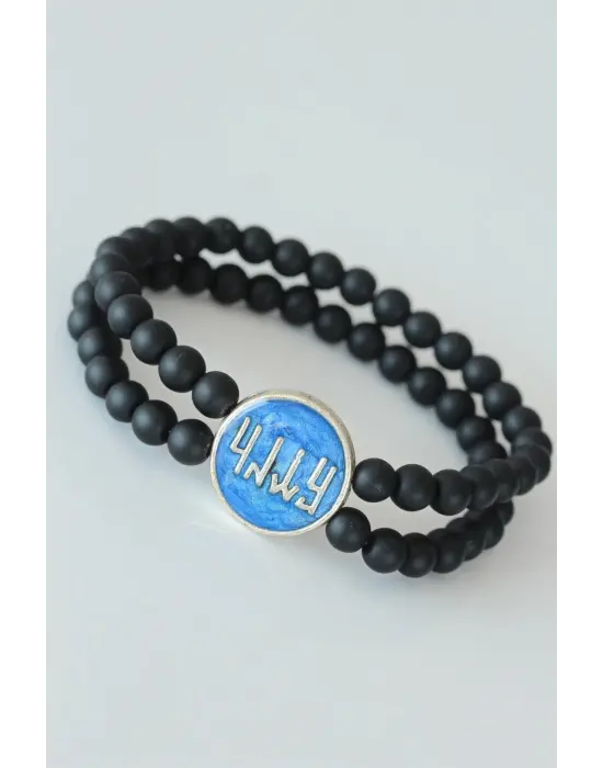 Vav Figürlü Lacivert Metal Aksesuarlı Çift Sıra Oniks Doğal Taş Erkek Bileklik