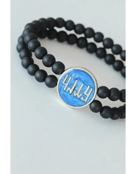 Vav Figürlü Lacivert Metal Aksesuarlı Çift Sıra Oniks Doğal Taş Erkek Bileklik