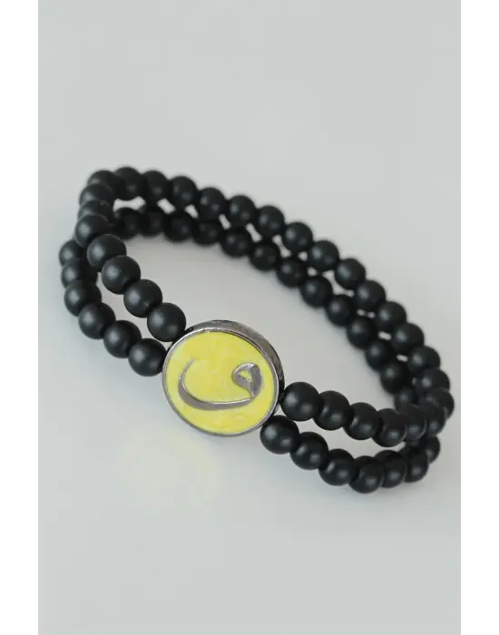 Vav Figürlü Sarı Renk Tasarımlı Metal Aksesuarlı Çift Sıra Oniks Doğal Taş Erkek Bileklik