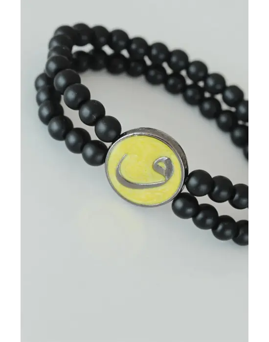 Vav Figürlü Sarı Renk Tasarımlı Metal Aksesuarlı Çift Sıra Oniks Doğal Taş Erkek Bileklik