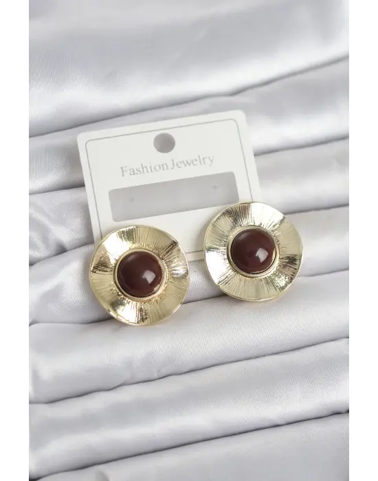 Vintage Model Kahverengi Gold Renk Pirinç Kadın Küpe
