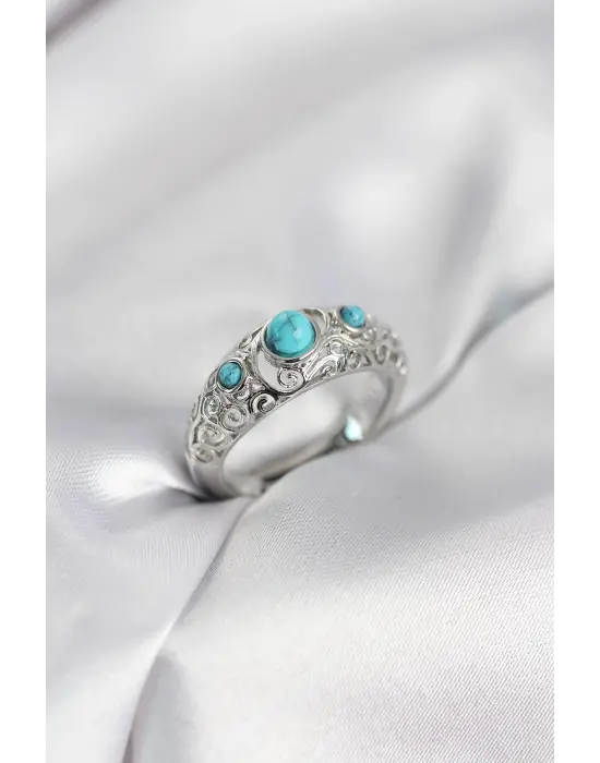 Vintage Model Mavi Taşlı Gümüş Renk Kadın Yüzük