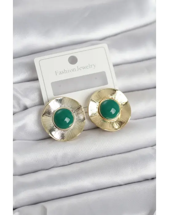 Vintage Model Yeşil Gold Renk Pirinç Kadın Küpe