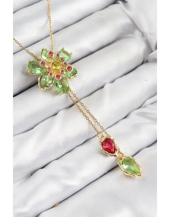 VIP Pirinç Zirkon Taşlı Çiçek Model Gold Renk Asansörlü Kadın Kolye