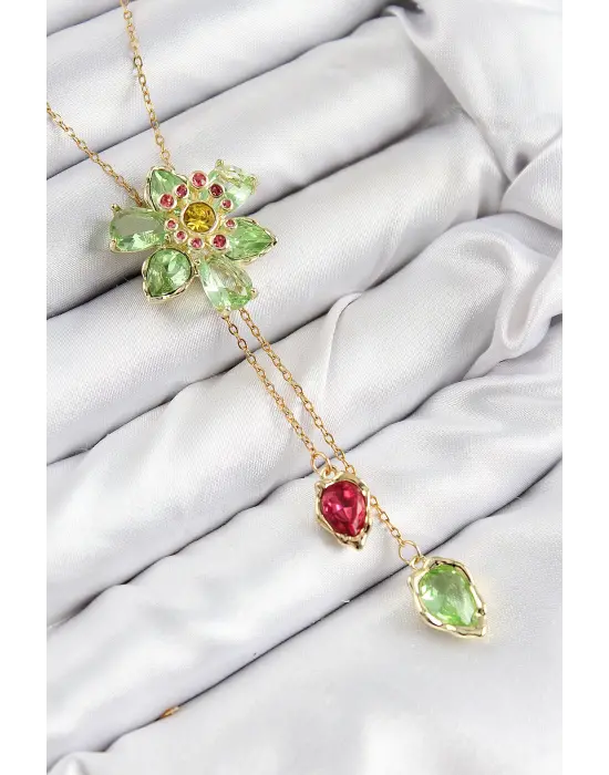 VIP Pirinç Zirkon Taşlı Çiçek Model Gold Renk Asansörlü Kadın Kolye