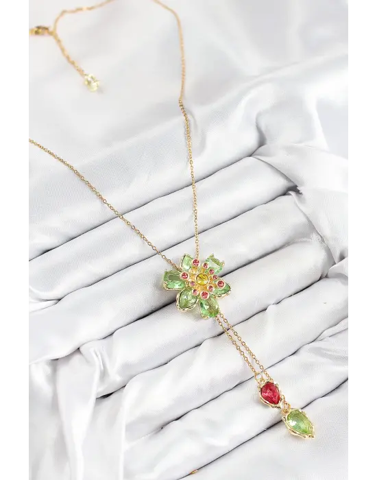 VIP Pirinç Zirkon Taşlı Çiçek Model Gold Renk Asansörlü Kadın Kolye