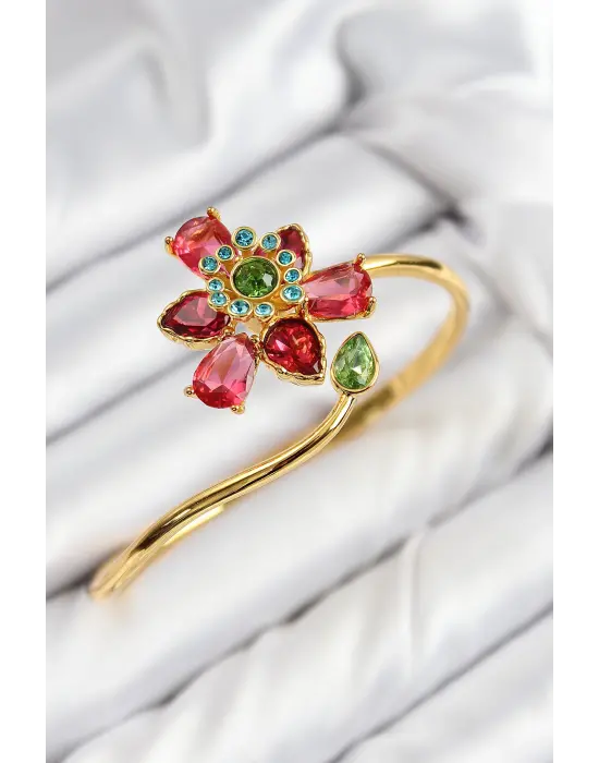 VIP Pirinç Zirkon Taşlı Çiçek Model Gold Renk Kadın Bileklik