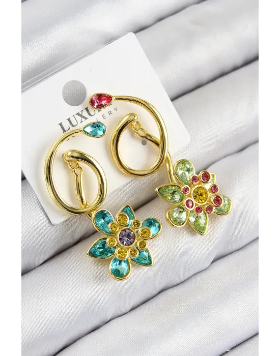 VIP Pirinç Zirkon Taşlı Çiçek Model Gold Renk Kadın Küpe