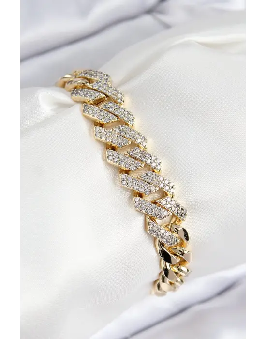 VIP Pirinç Zirkon Taşlı Cuba Model Gold Renk Kadın Bileklik