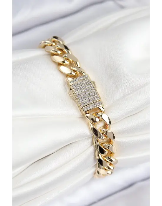 VIP Pirinç Zirkon Taşlı Cuba Model Gold Renk Kadın Bileklik