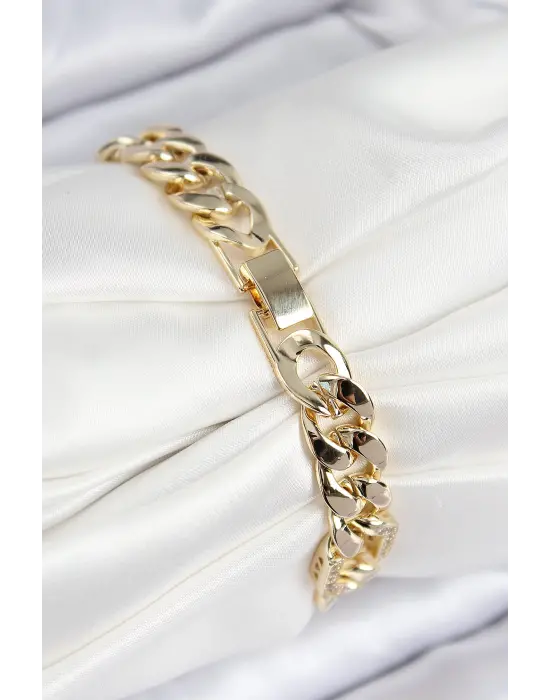 VIP Pirinç Zirkon Taşlı Parçalı Zincir Model Gold Renk Kadın Bileklik