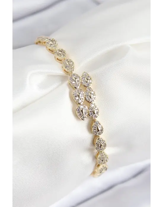 VIP Pirinç Zirkon Taşlı Sıralı Damla Model Gold Renk Kadın Bileklik